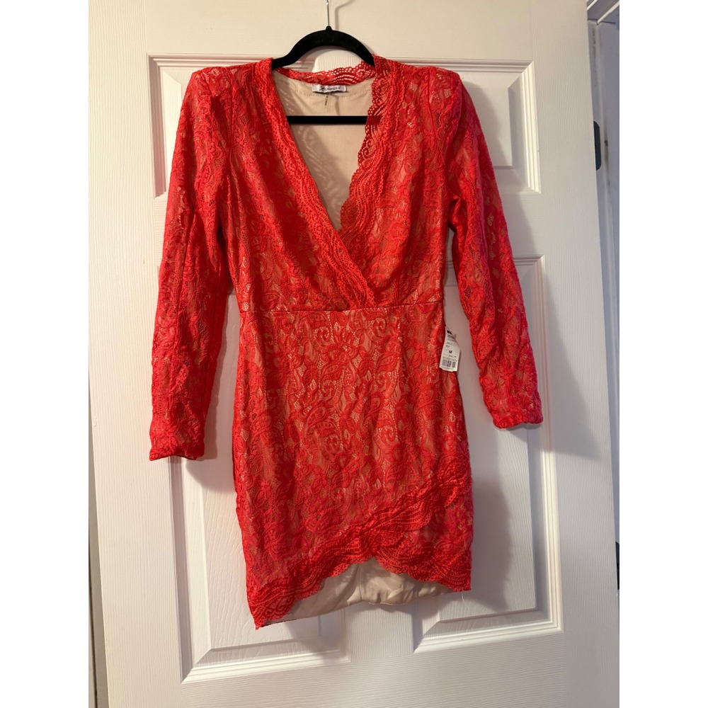 Xtaren Dress Womens M Red Lace Wrap V-Neck Long Sleeve Cocktail Mini  Romantic